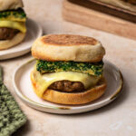 Breakfast sausage sandwiches on a plate.