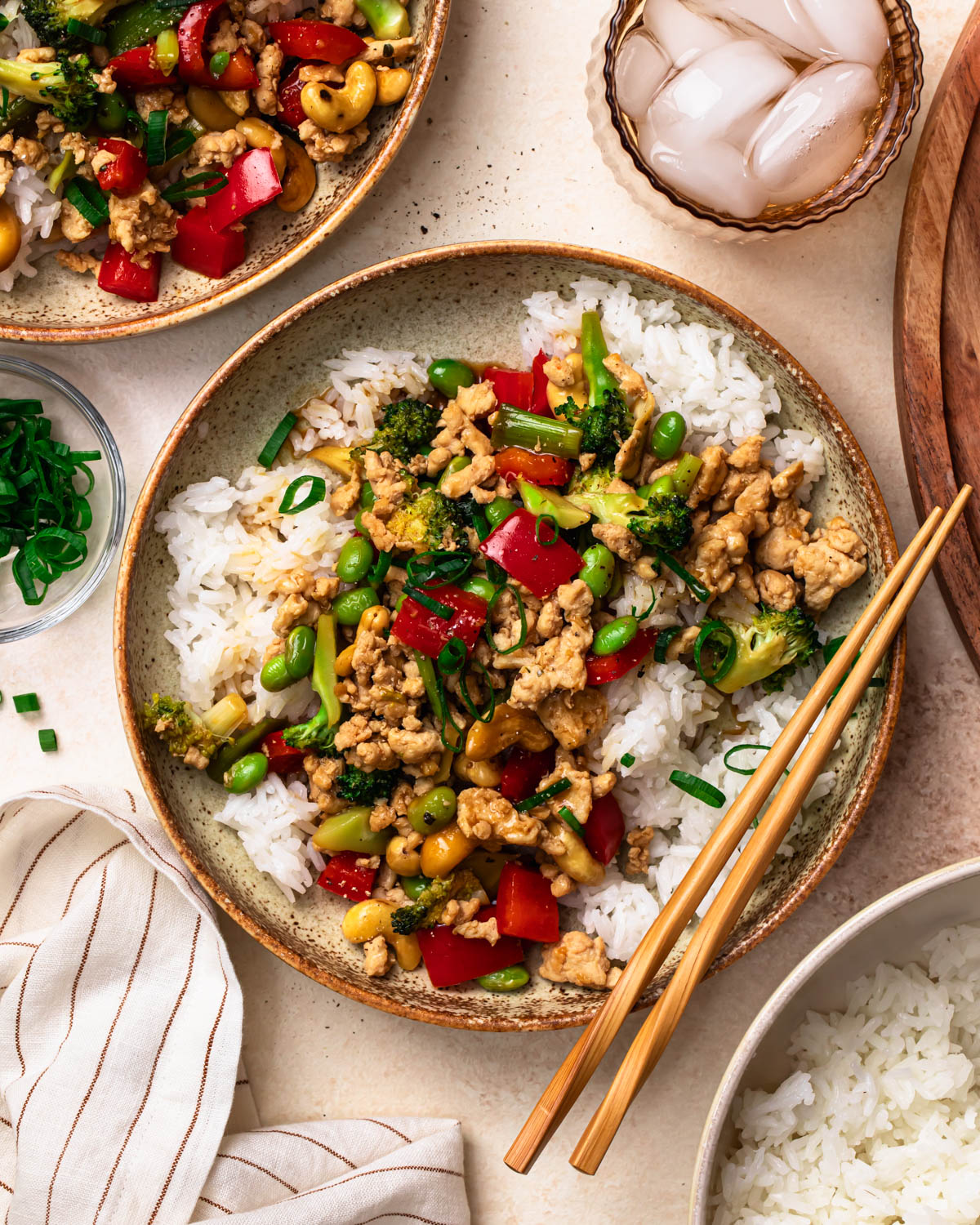 Top down photo of ground chicken stir fry in a bowl.