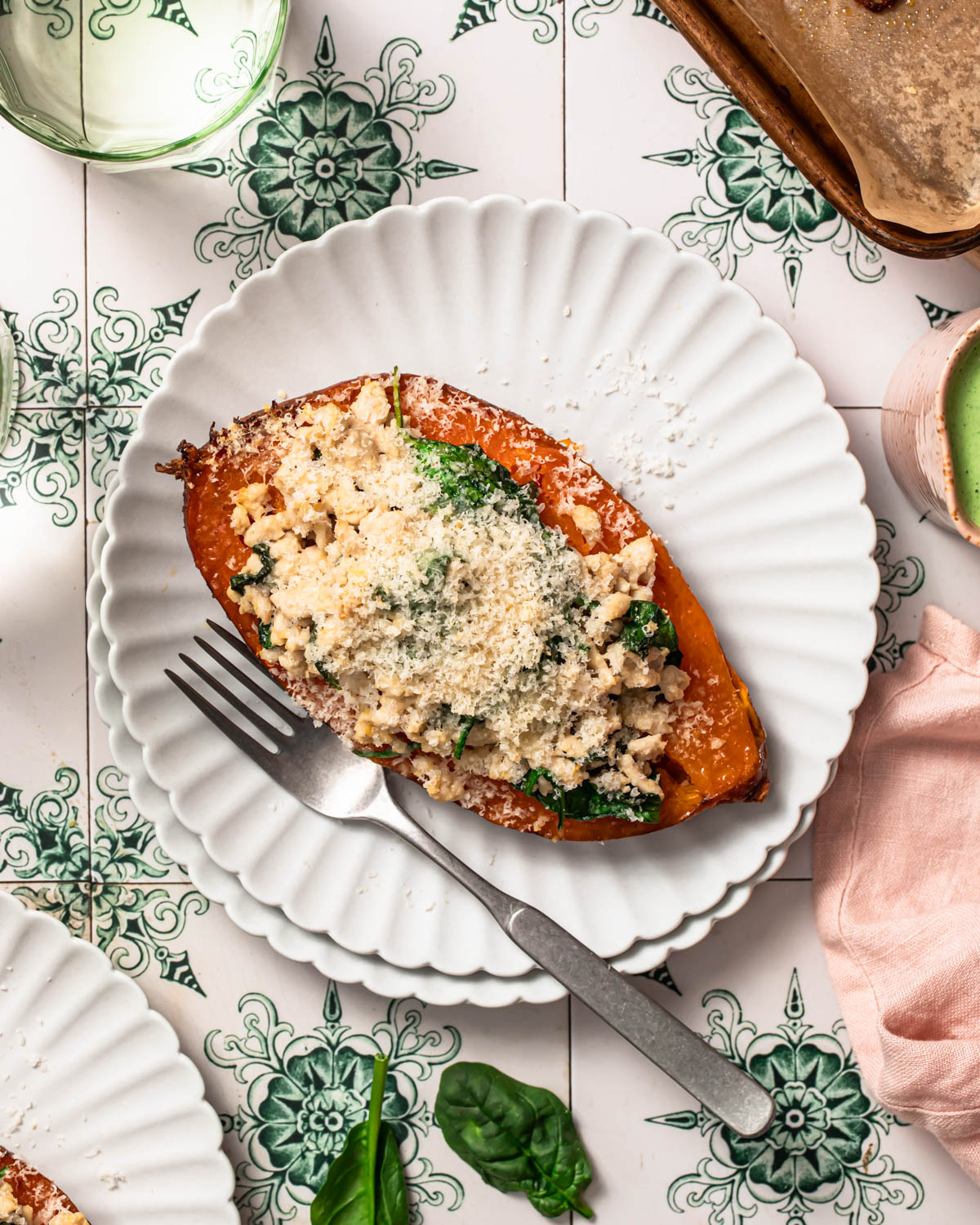 Lemony ground turkey stuffed sweet potato on a plate.
