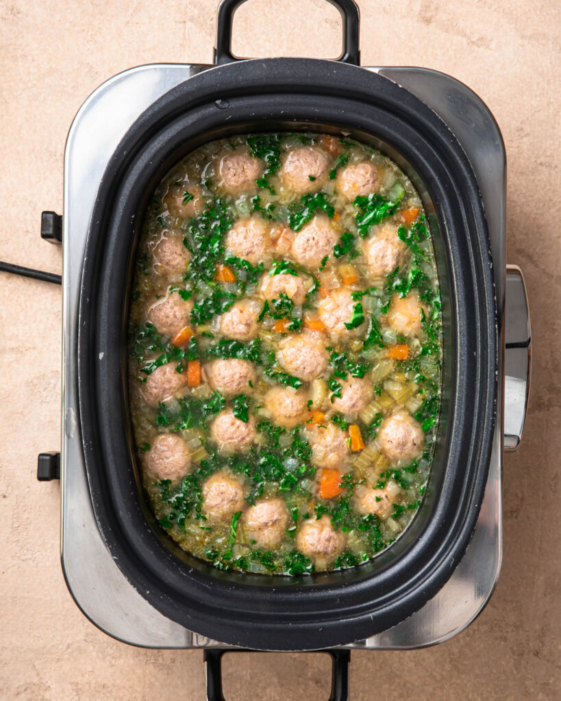 Slow cooker meatball soup, cooked in the slow cooker.