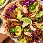 Close up photo of Shredded Beef Slow Cooker tacos.