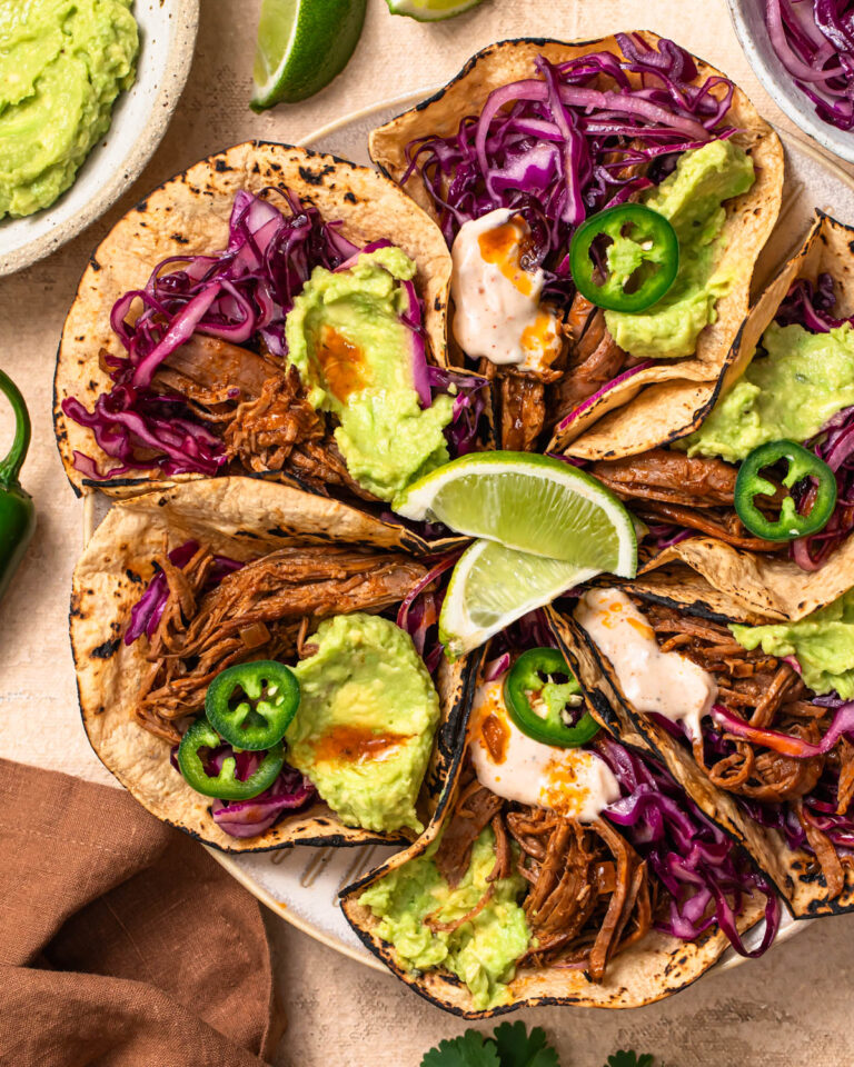 Close up photo of Shredded Beef Slow Cooker tacos.