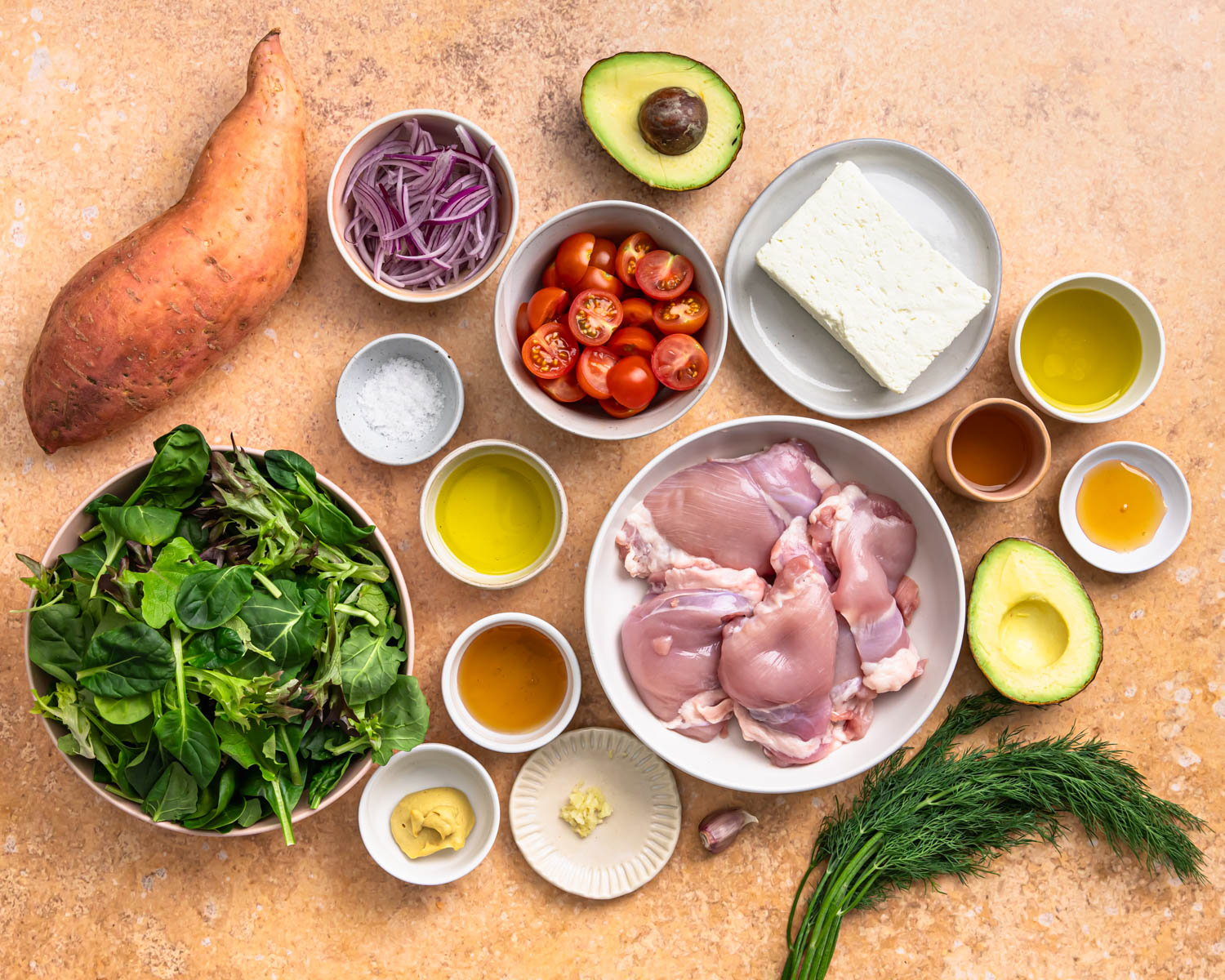 Ingredients needed to make honey mustard chicken salad.