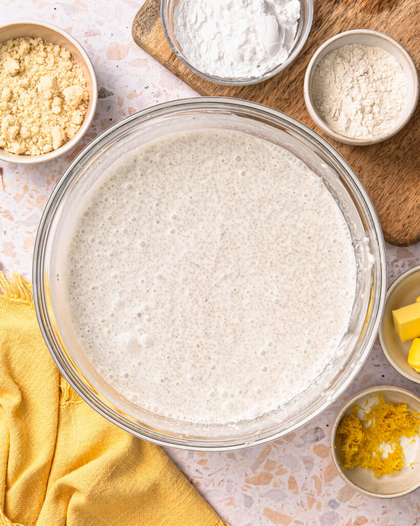 Coconut milk mixed with chia seeds in a bowl.
