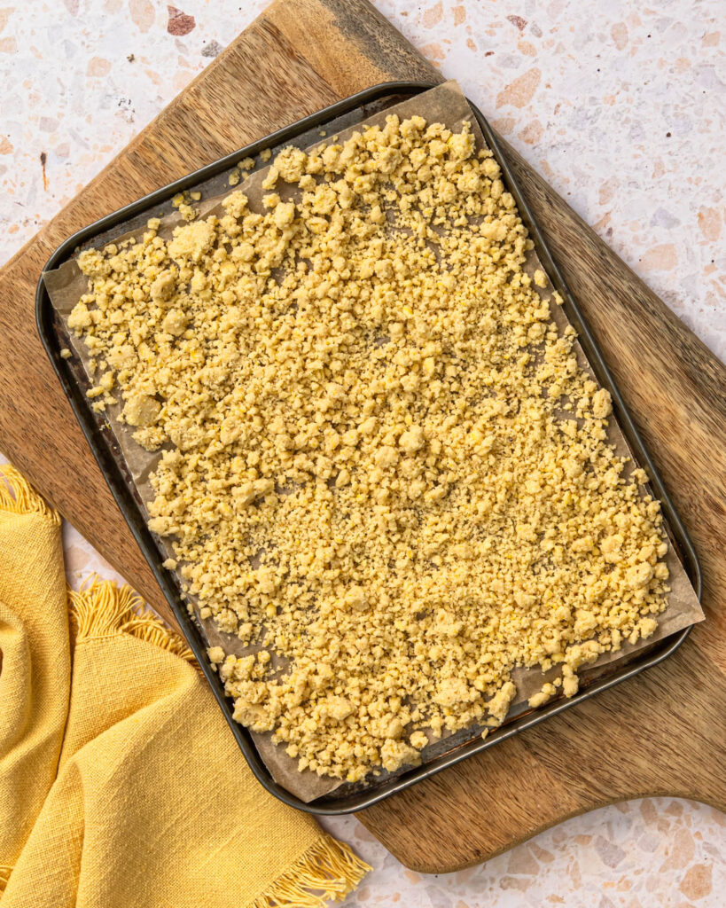 Golden crumb toppingon a sheet pan.