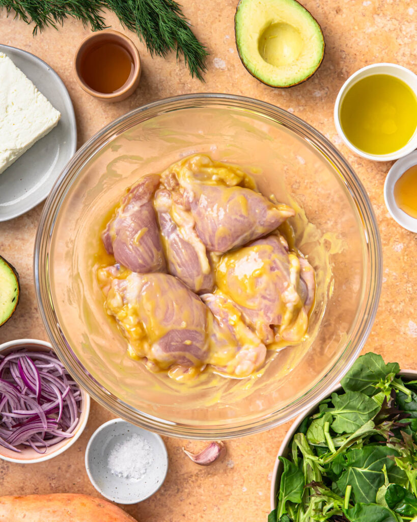 Chicken thighs in a honey mustard marinade.