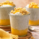 Side view of lemon chia pudding with golden crumb topping.