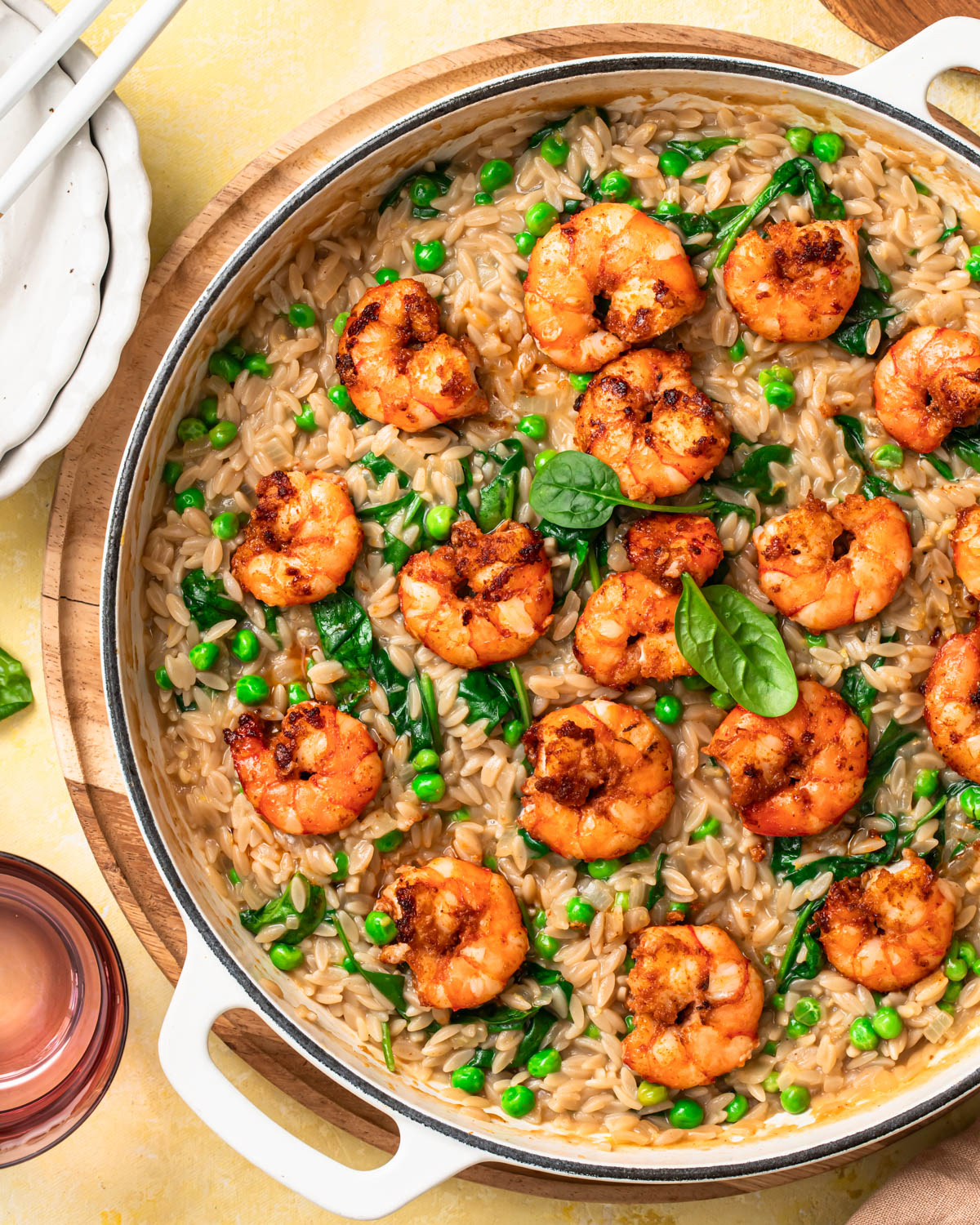 Close up One Pan Lemon Shrimp Orzo in a pan.