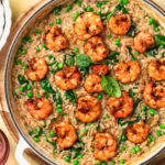 Close up One Pan Lemon Shrimp Orzo in a pan.