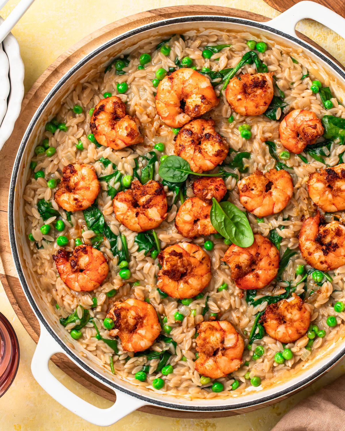 Close up One Pan Lemon Shrimp Orzo in a pan.