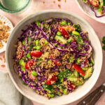 Quinoa edamame salad mixed together and served in a bowl.