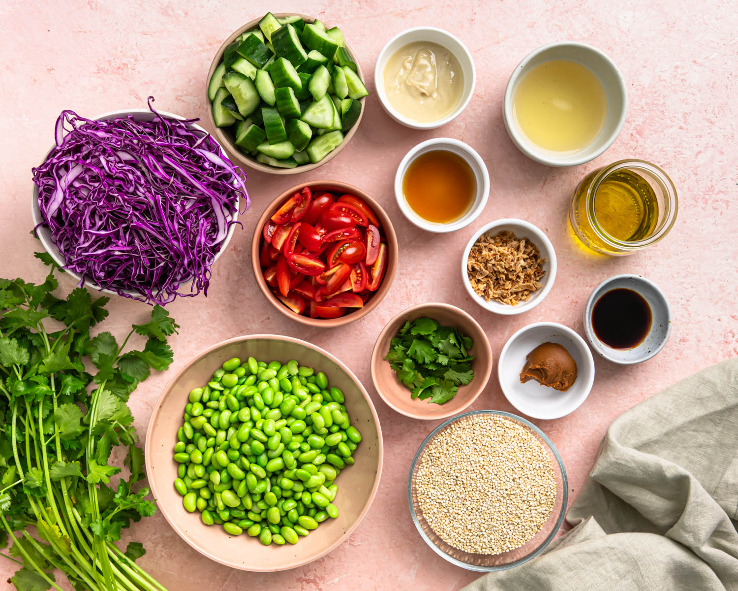 Ingredients needed to make quinoa edamame salad.
