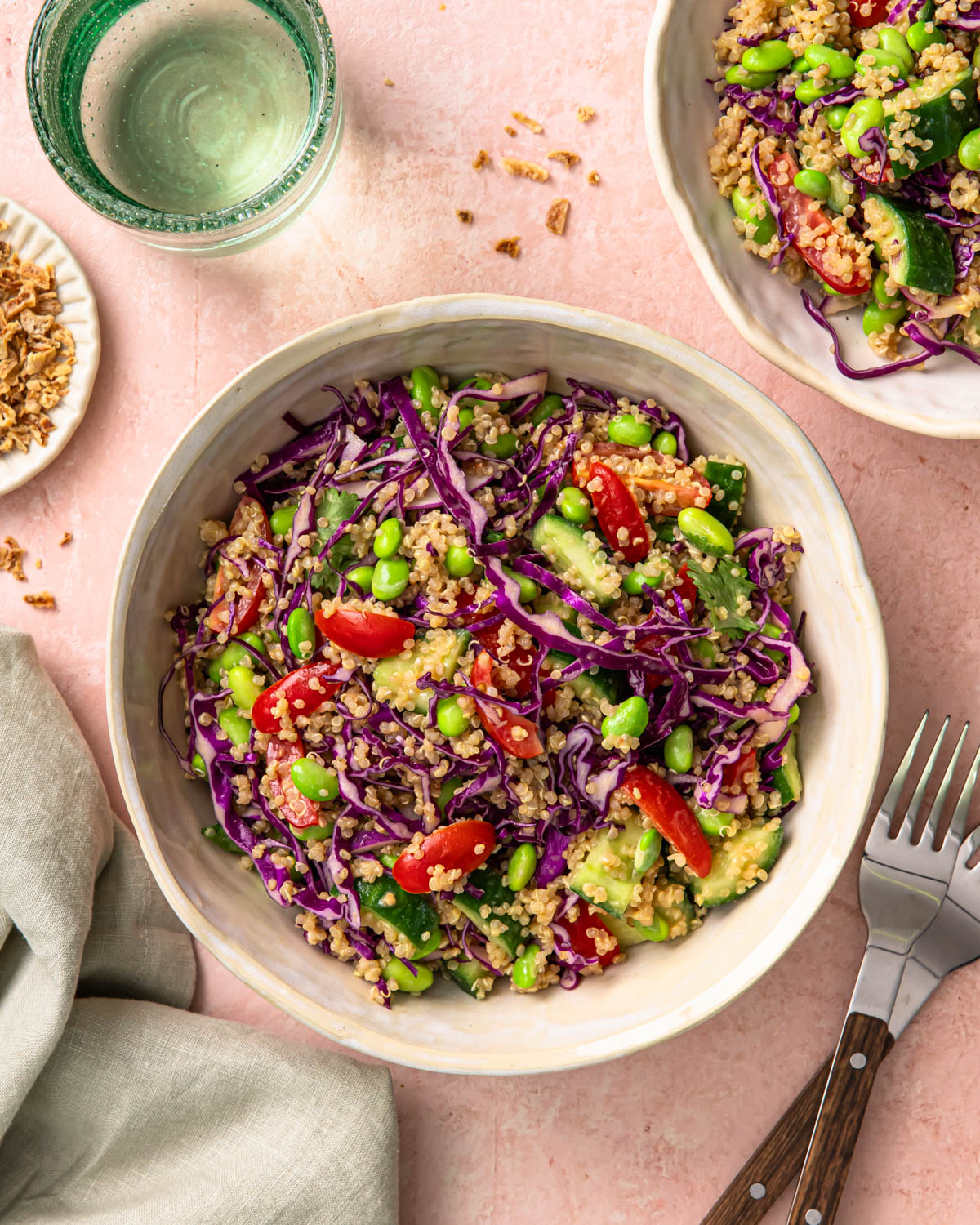 Quinoa edamame salad served in a bowl.