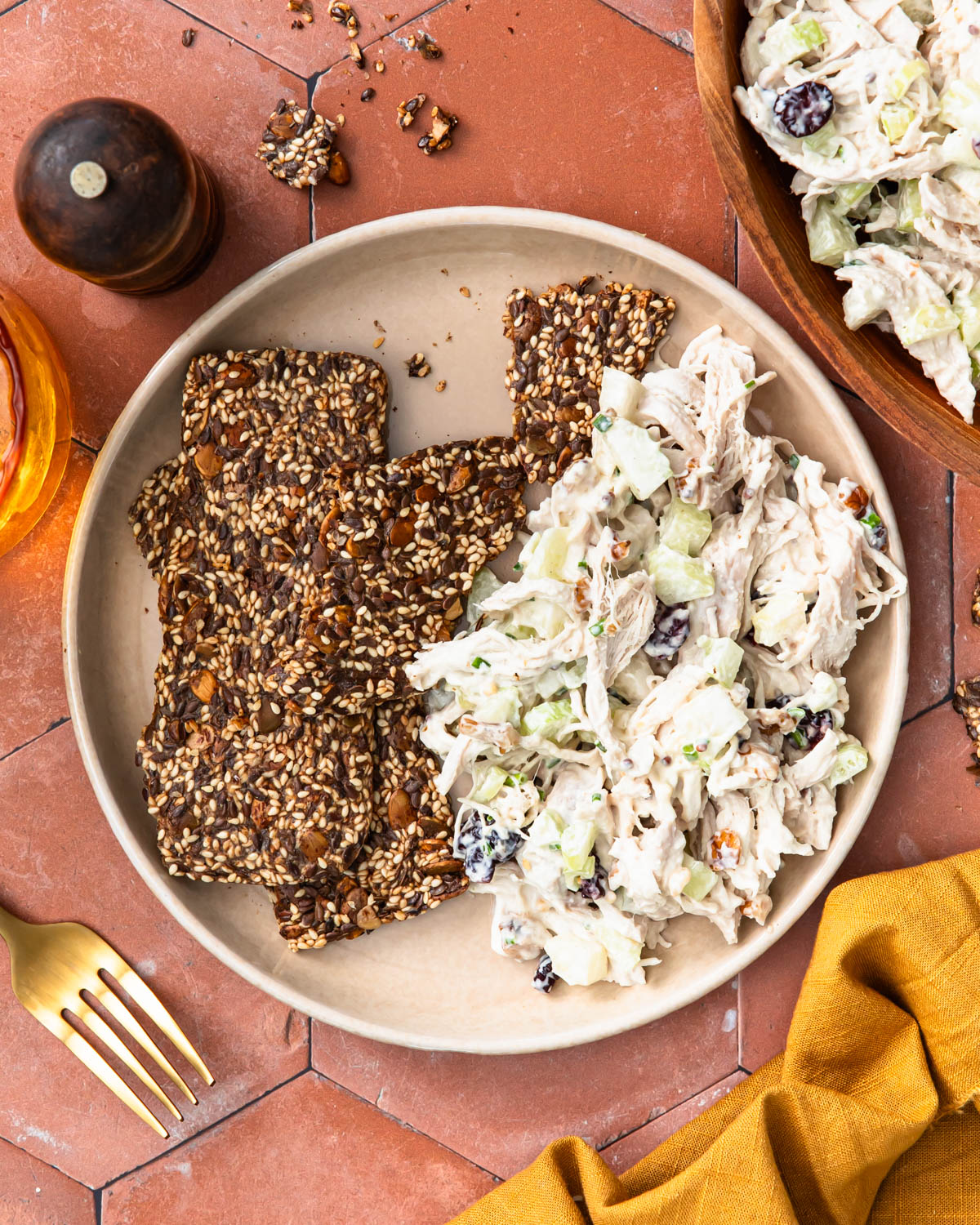 Cranberry walnut chicken salad served on a plate with some crackers.