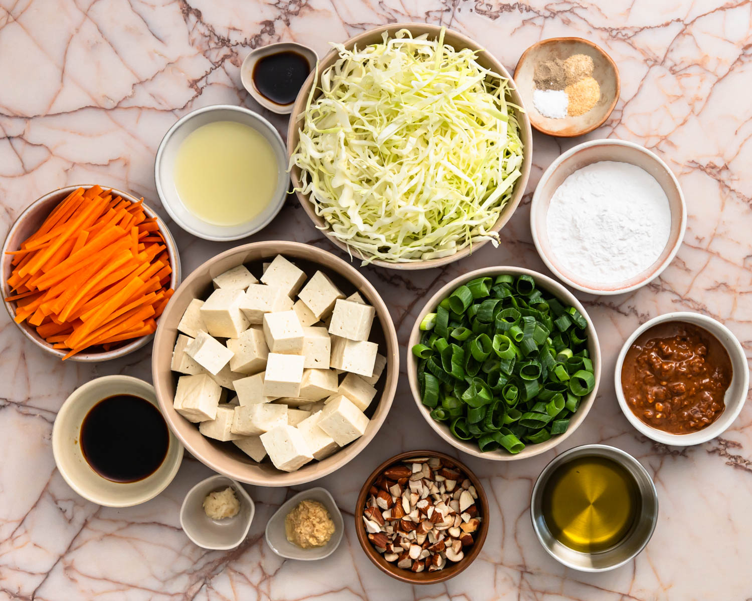 Ingredients needed to make crunchy tofu salad.