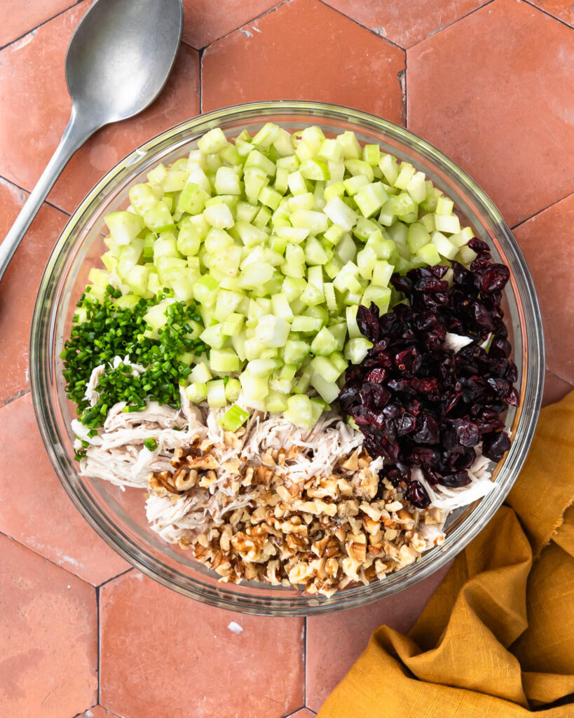 Ingredients for cranberry walnut chicken salad diced up and placed in a bowl before mixing.