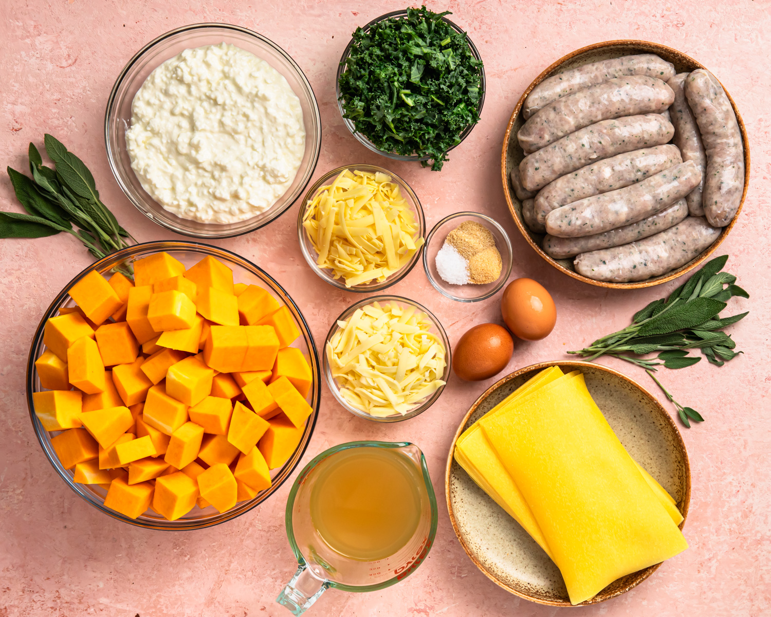 Ingredients for butternut squash lasagane laid out in individual bowls. 