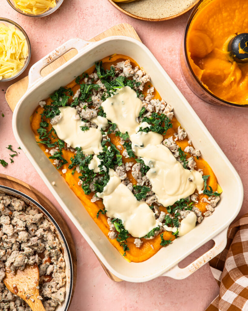 Cottage cheese layer added to the butternut squash lasagne.