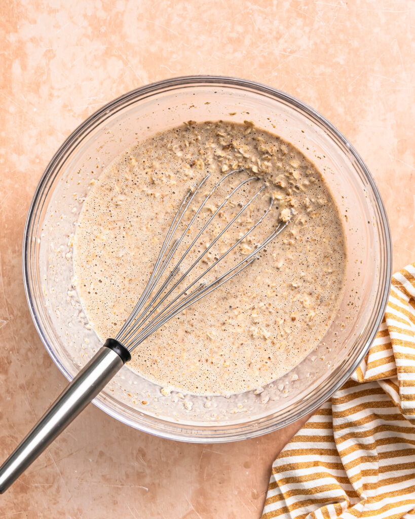 High protein overnight oats mixed together in a bowl.