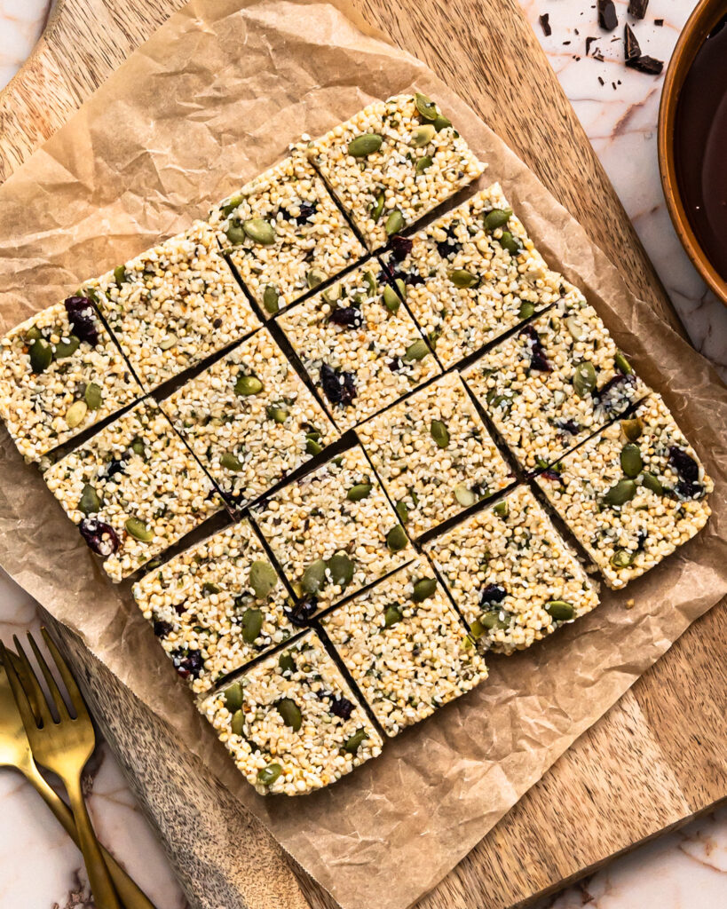 No bake energy bites mixture, set and then cut into squares.