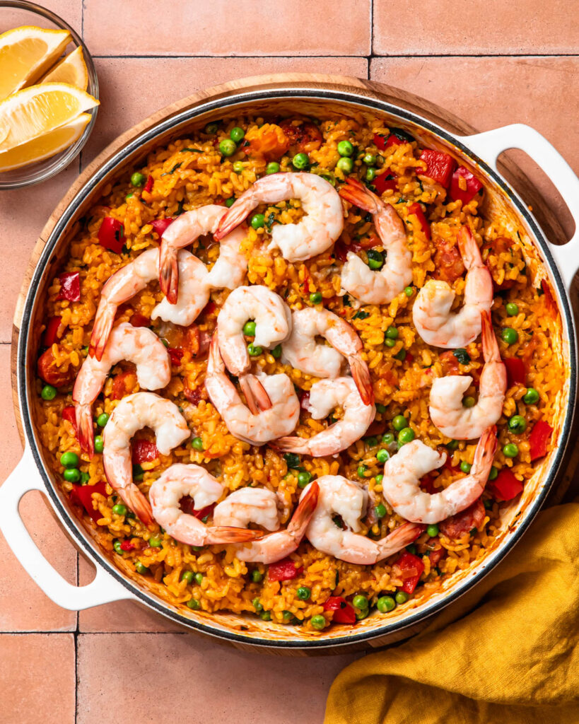 Shrimp added to the oven baked paella.