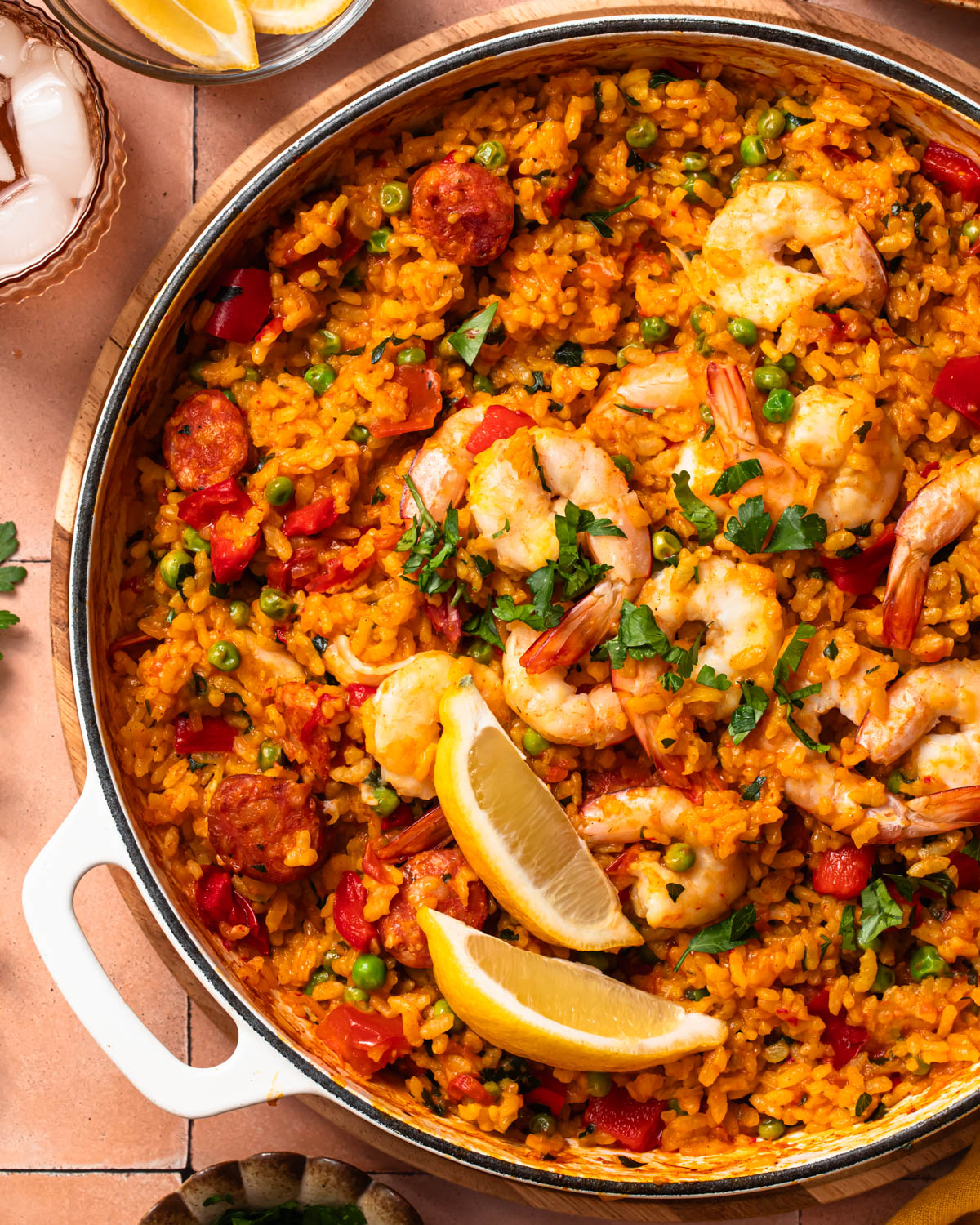 Prawn and chorizo paella in a large skillet.